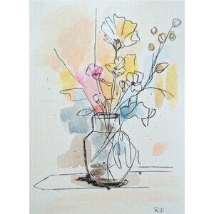 Blooming Simplicity  7x5 Watercolor Flower Line Art, Minimalist
